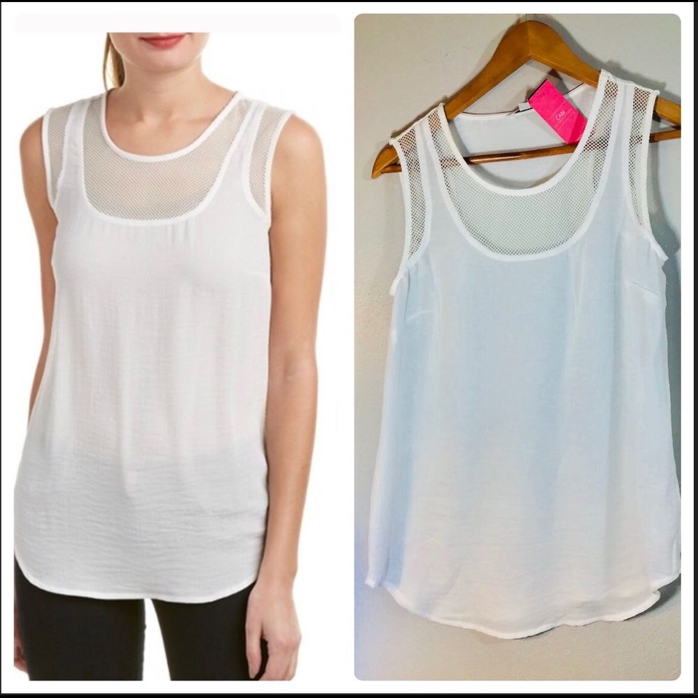 CAbi white  cami mesh trimmed sleeveless tank top